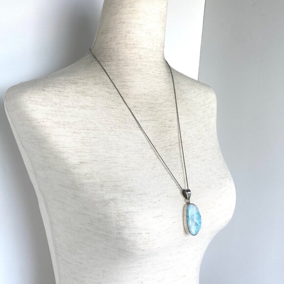Sterling Silver 925 Oval Bezel Set Larimar Pendant Necklace 18.5" Box Chain - Picture 16 of 16